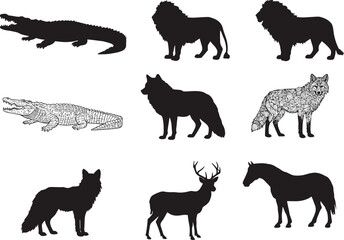 Wild animal silhouettes and detailed illustrations including crocodile, lion, wolf, deer, and horse isolated vector collection on white background.