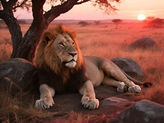 Male lion resting under a tree in the afternoon