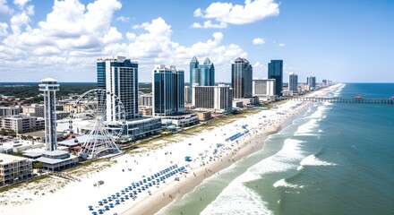 Naklejka premium Aerial view of myrtle beach with ferris wheel, buildings, beachgoers, and ocean on a sunny day