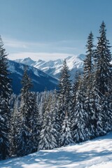 Fototapeta premium Snowy mountain landscape with evergreen trees under clear blue sky in winter