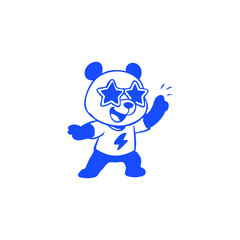 A stylized blue panda wearing star-shaped sunglasses and a t-shirt with a lightning bolt graphic, in a dynamic pose, with a cheerful expression