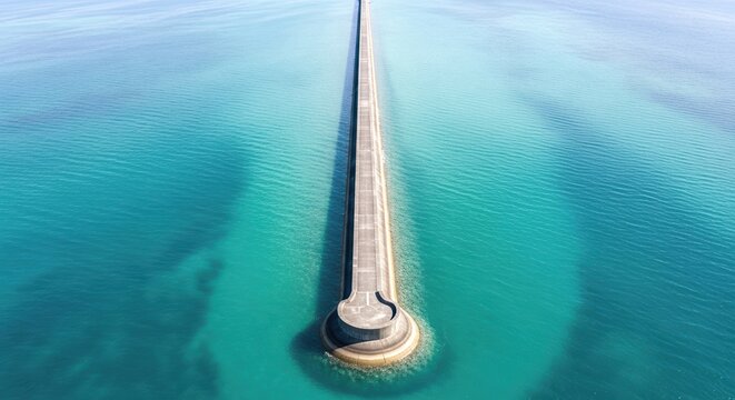 Aerial view of a long pier extending into the turquoise ocean with a circular platform at the end - Powered by Adobe