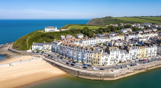 Aerial view of coastal town with colorful buildings, beach, ocean, and green hill under a clear blue sky