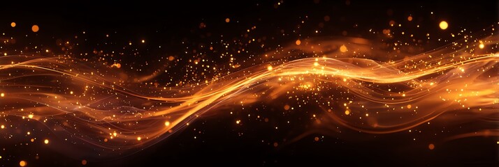 Panoramic glowing wave background with golden light trails, sparkling particles and flowing energy lines on dark backdrop, for overlays, banners, and wallpaper