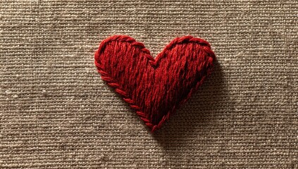 Red heart embroidered on burlap