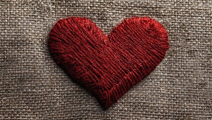 Red heart stitched onto burlap