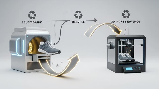 A futuristic process shows an old shoe being recycled and its material used to 3D print a new pair
