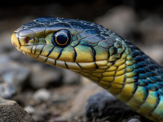 Fototapeta premium Vibrant snake with striking blue and green scales resting on rocky ground, showcasing intricate patterns and textures under natural light conditions.