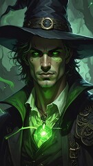 Intense wizard portrait, green tones