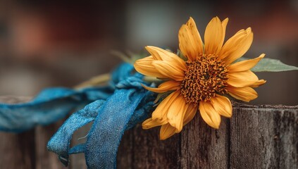 A close-up of a single sunflower tied with a ribbon