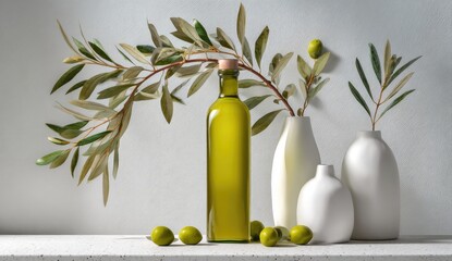 Olive oil still life on a shelf