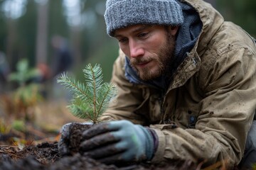 Obraz premium Man in a knit cap plants a sapling in a forest wearing gloves and a dirty jacket eyes on the tree