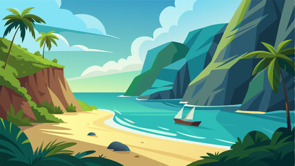 Obraz premium A secluded beach surrounded by towering cliffs and swaying palm trees only accessible by boat or a steep hike.