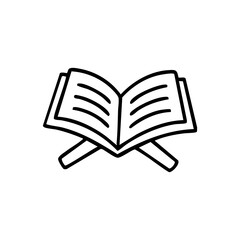 Simple black line drawing of an open book on a stand