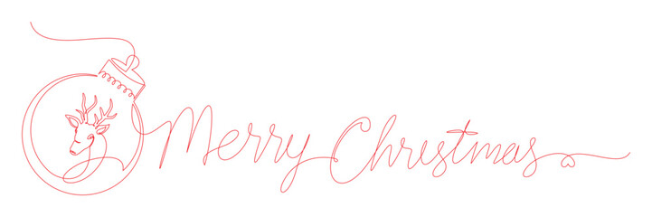 Merry Christmas continuous line drawing. Text connected to Christmas ornament with reindeer head inside. Vector illustration