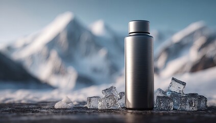 Gray water bottle on snow with ice cubes