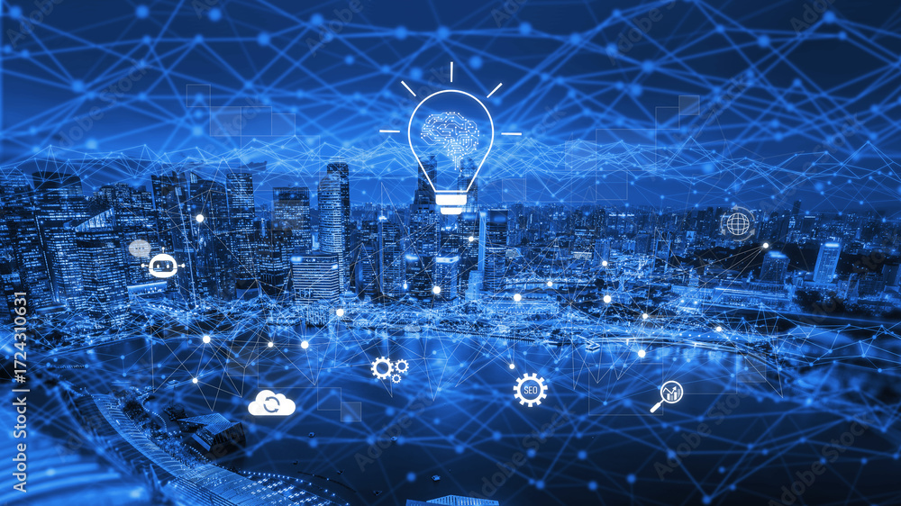 Poster ai innovation with neural network and digital transformation. ai innovation drives automation, power