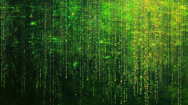Abstract digital matrix background showcasing vibrant green data streams with glowing bits and cybernetic patterns for technology and innovation concepts