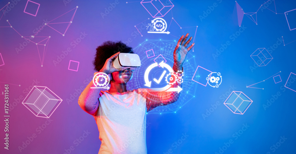 Poster a person using virtual reality technology for agile business methodology practices, showcasing innov