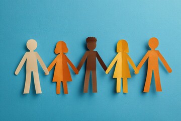 Paper cutouts of people of diverse skin tones holding hands on a light blue background
