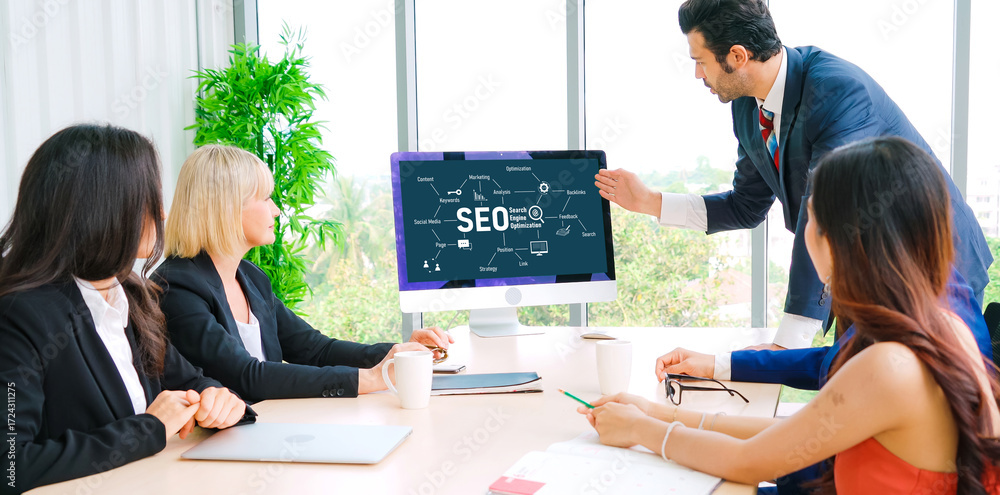 Poster seo search engine optimization for modish e-commerce and online retail business showing on computer 