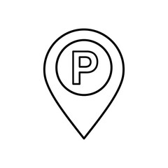 Black and white outline of a parking location marker icon.