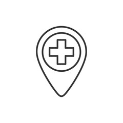 Hospital location pin with cross symbol in the center, vector icon.
