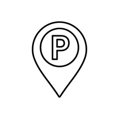 A black and white line art icon of a map pin with the letter 'P' for parking.