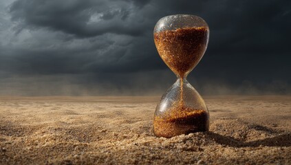 Hourglass on a sandy plain under a stormy sky