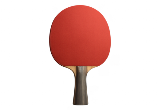 Table tennis racket showing red paddle and wooden handle on transparent background