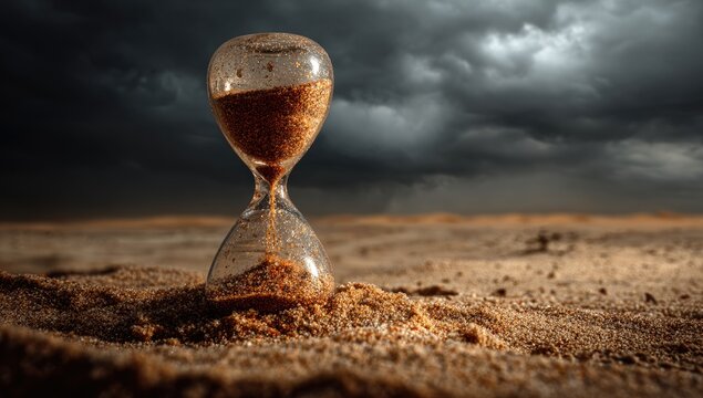 Hourglass in a desert landscape under a stormy sky