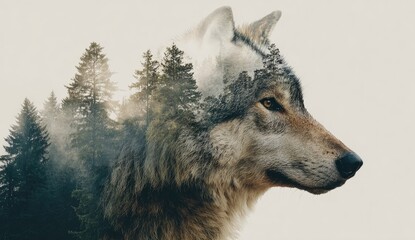 Wolf and forest double exposure