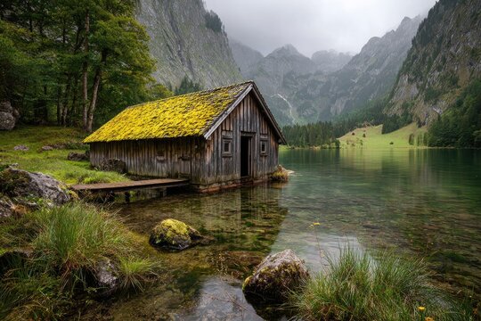 Rustic wooden cabin on a serene lake nestled amongst mountains under a cloudy sky - Powered by Adobe