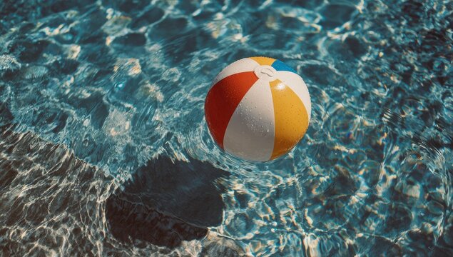 Colorful beach ball floats in a pool