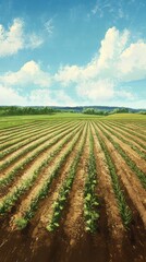 A field of crops with a blue sky in the background