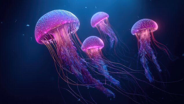 Four vibrant jellyfish in a dark underwater scene
