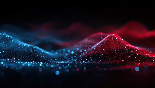 Abstract digital landscape of swirling particles in vibrant red and blue
