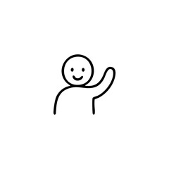 Simple black line drawing of a cartoon character with a happy face and outstretched hand