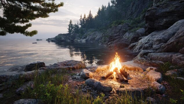 Lakeside campfire at dawn