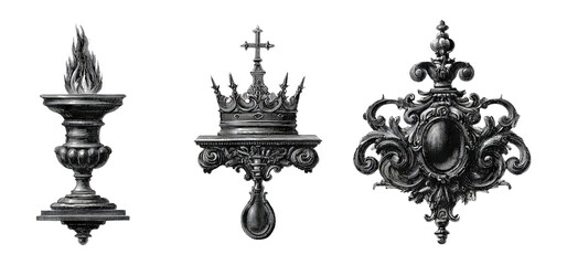 Elegant Decorative Elements with Crown, Flame, and Ornate Frame on Transparent Background