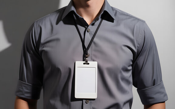 Professional wearing blank ID badge perfect for corporate events, conferences, and business meetings, ready for custom branding