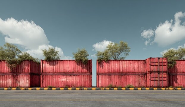 Red shipping containers with greenery