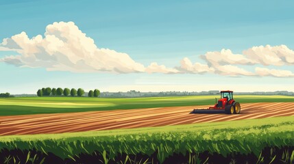 A red tractor is driving through a field