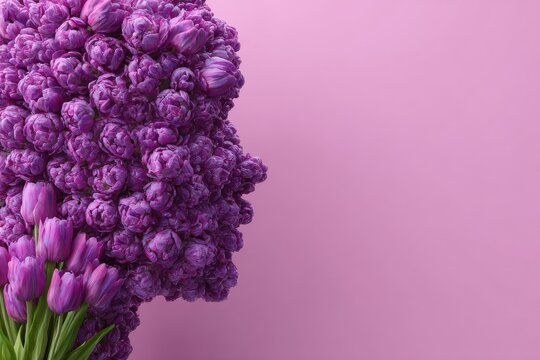 Profile of a head formed from purple tulips on a pastel pink backdrop