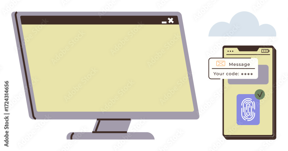 Aufkleber desktop monitor alongside smartphone screen showing biometric fingerprint scan and verification code