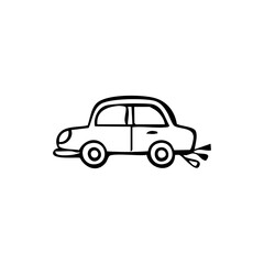 Simple black line drawing of a cartoon car with exhaust