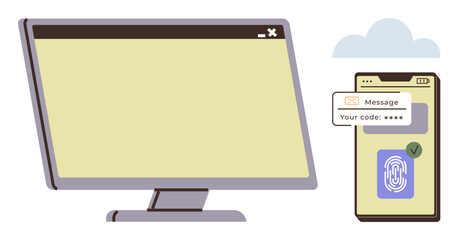 Desktop monitor alongside smartphone screen showing biometric fingerprint scan and verification code notification. Ideal for cybersecurity, login security, authentication, online privacy, data