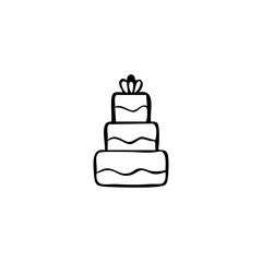 Simple black and white drawing of a three-tiered birthday cake with a gift topper