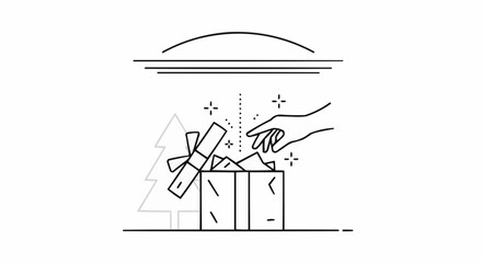 Christmas 2025 hand opening christmas gift box present under festive lights with christmas tree decoration vector design vector