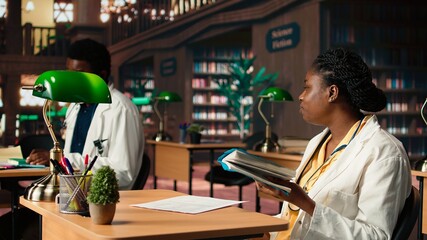 Black medical student reading healthcare books at the campus library, woman does her research in order to pass her medical exams and build a career. Female pupil studies case files. Camera A.